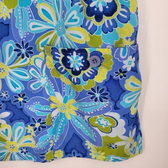 Vintage Scrub Top XL Bright Blue Floral Print Polyester‎ Pockets Silky V Neck - Picture 3 of 4